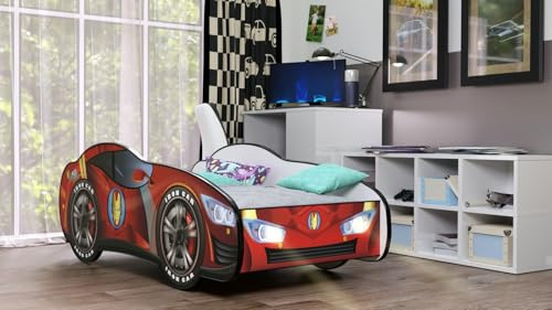 Generico letto a forma di macchina iron hero bambino con luci led e materasso omaggio 160x80 cm