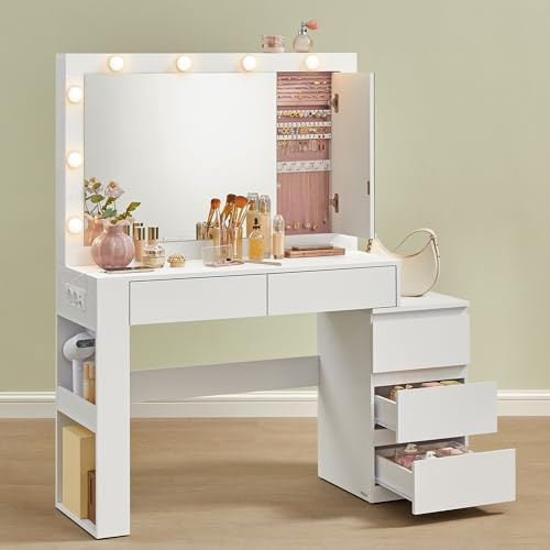 VASAGLE Kailyn Kollektion - Schminktisch mit LED-Beleuchtung, Frisiertisch mit Spiegel, Steckdosenleiste, 40 x 125 x 140 cm, Kosmetiktisch mit Schubladen, wolkenweiß RDT127W01