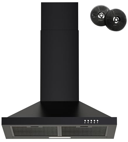 FIREGAS Range Hood 24 inch Wall Mount Type with Ducted/Ductless Convertible,450 CFM Stainless Steel Chimney-Style Kitchen Hood, Over Stove Vent Hood with 3 Speed Fan,Charcoal Filters,Black