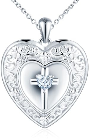 MICMIF Médaillon de Cœur avec Croix en Argent 925 Collier Femme Personnalisé Photo Médaillon Croix avec Oxyde de Zirconium Pendentif Porte Photos Chaîne 45+5cm Collier Bijoux Femme
