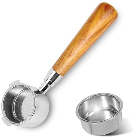 Bottomless Portafilter 51 mm Porta Filter 3 Ears for Delonghi EC680 EC685, Espresso Porta Filter 51 mm Red Acid Wood Handle (Wood Red Acid Wood Colour, 51 mm Portafilter 3 Ears for Delonghi EC680