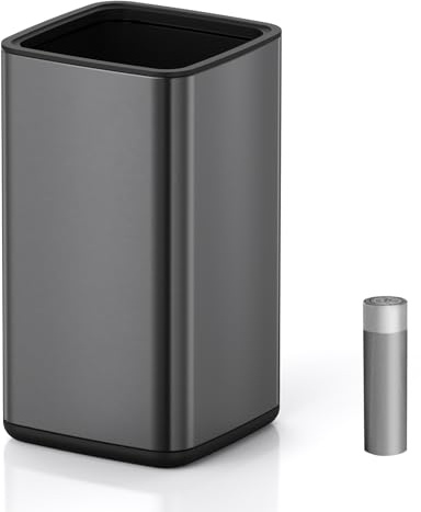 Mbillion Open Top Trash Can, Stainless Steel Waste Bin with Removable Inner Basket, Small Metal Garbage Basket for Modern Bathroom, Office (Black, 9L)