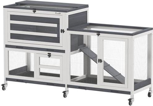 PawHut kaninstall kaninhus på 2 nivåer med hjul, 2 gångjärnsvåningar, 3 plastgolv, trähage för 2–3 kaniner, marsvin, 147 x 45 x 89,5 cm, grå