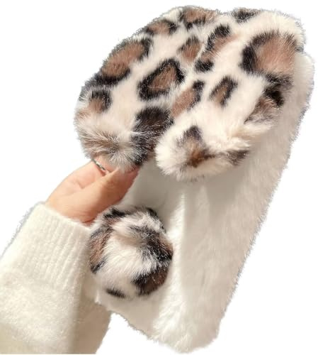 Miagon Pälsigt kaninfodral till Samsung Galaxy A36 5G med leopardfodral för flickor, kvinnor, supermjuk vinter, varm, rolig kaninöra, fuskpäls, plysch, fluffigt bollskydd