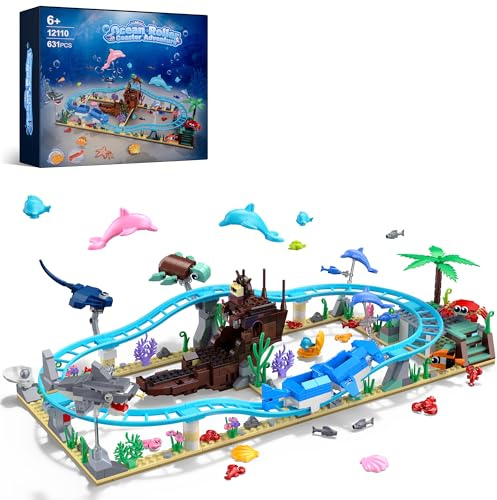 MONOFUN Ozean-Achterbahn-Bausatz, FriendsBaustein-Abenteuerpark STEM-Spielzeug mit U-Boot & Delfin-Schienenwagen, Geschenk zu Geburtstag, Ostern, Kindertag & Weihnachten für Kinder ab 6 Jahren