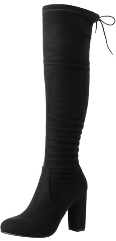 Tilly London Over-The-Knee Stretch Boots, Black Stretch Faux Suede, 4 inch Block Heel