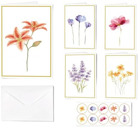 Lot de 20 cartes de vœux avec enveloppe autocollante, élégantes fleurs - Cartes d'anniversaire pliantes - Avec enveloppe - 5 motifs floraux différents - Pour anniversaire, anniversaire de mariage - 15