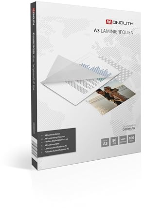 monolith - Lamineringsfolie DIN A3, 80 mic i 100-pack, lamineringsfodral, högglansiga och transparenta lamineringsfickor för dokument och foton