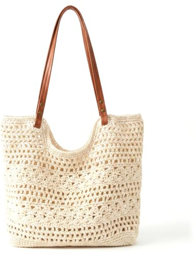 Striegro virkad tygväska, andningsbar vävd strandväska, lätt sommarväska för kvinnor daglig användning, beige..