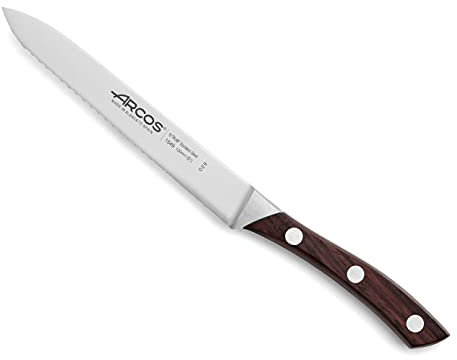 Arcos Coltello da Pomodoro Forgiato con Lama Seghettata in Acciaio Inossidabile 130 mm – Manico Ergonomico in POM, Ideale per Tagliare Pomodori – Marrone, Serie Natura