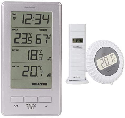Technoline WS9069 Funkpoolsensor inklusive Außensender und Station, Innentemperatur, Außentemperatur, Innenluftfeuchte, Wassertemperatur, für Pool, Teich, Außenanlage