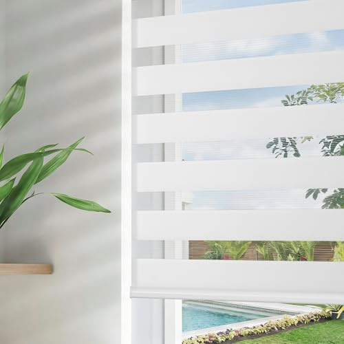 Joydeco Cordless Zebra Blinds for Windows, Dual Layer Free-Stop Zebra Shades Privacy Light Control for Day and Night, Light Filtering Sheer Blinds for Indoor Windows, Home (35 W X 75 H, White)