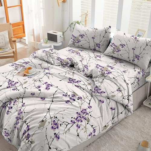 Cotton Comfort Bedding & Linen 3PCS King Size Duvet Cover Set 100% Egyptian Cotton Bedding King Size Bed Set 400 Thread Count Floral Printed Exotic Lilac Duvet Cover with Pillow Cases 2 Pack