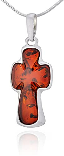 AMBEDORA Collana Croce D'ambra, Argento Lucido, Ambra Baltica Color Cognac, Ciondolo D'argento a Croce D'ambra R con Catena