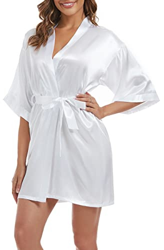 Xuepelit satin kimono dammorgonrock, bride, morgonrock, lätt japansk bröllop, badrockar, pyjamas, kort, Vit, M