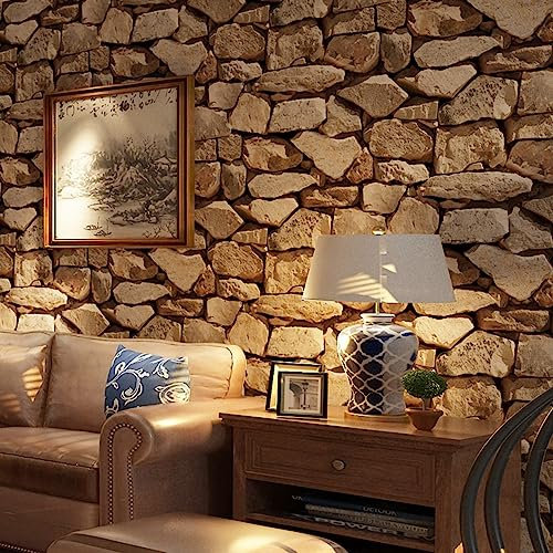 Camiraft 3D Stone Effect Wallpaper Stereo Imitation Texture Wallpaper Nonwovens Retro Decoration Bedroom TV Wall Living Room Wall Paper -53 cm (W) * 10 m(L), Brown
