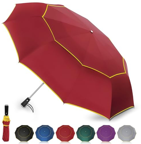 Satol Parapluie de Golf - Ouverture Automatique 10 Rayons, Double Toile, Protection UV, 54 Pouces Pliable Compact Paraplui avec Bandes Réfléchissantes, Convient à 2-4 Personnes（Rouge
