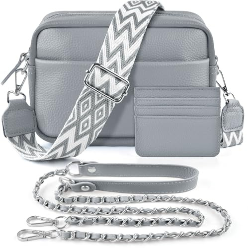 BROTOU Crossbody Bag for Women, Leather Handbag & Shoulder Bag with Adjustable Wide Strap, Chain Strap & 3-Slot Card Holder, Camera Cross Body Bag for Lady Girl Shopping Daily Use (A-Grey)