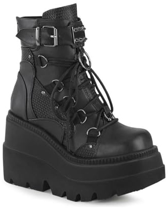 GooMaShoes Women's Studded Buckle Grid Lace up Platform Goth Boots, Punk Back Zipper Wedge High Heel Combat Boots Booties, Gothic Ankle Boots Shoes (Black, UK 6)