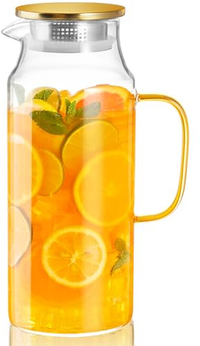CMLKLZD 2 Liter 68 oz Glass Pitcher with Lid and Handle, Gold Glass Carafe for Fridge, Water Pitcher for Hot/Cold Water, Large Jug for Iced Tea, Coffee, Juice and Homemade Beverage