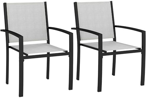 Outsunny Lot de 2 chaises de Jardin Empilables avec Accoudoirs Gris Clair | d'Extérieur, Cadre en Acier, pour Jardin, Piscine, Terrasse