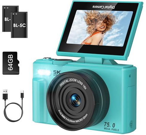SOPPY Fotocamera digitale 5K con trasferimento WiFi, Vlogging da 75 MP, zoom 18X e schermo flip da 3 pollici, fotocamera YouTube con messa a fuoco automatica, scheda SD da 64 GB inclusa, compatta per