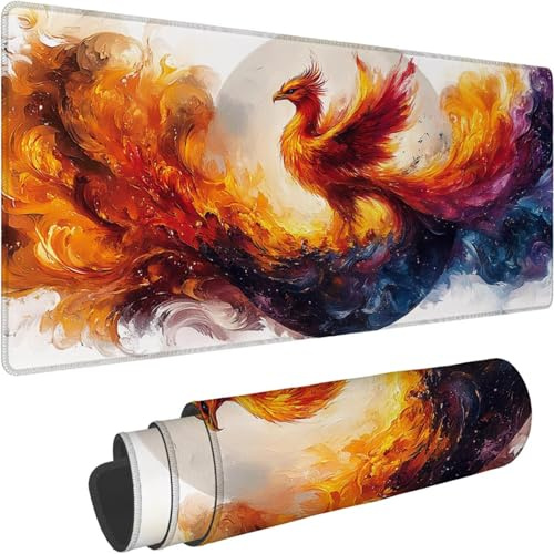Mouse Mat 1400 x 700 x 3mm Large Mouse Mat Non Slip Rubber Base, Soft Textured Surface with Stitched Edges, Waterproof Desk Mat for PC, Laptop, Laser Mice for Office, Animal Phoenix Printing xn-146