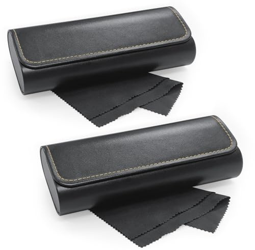 Feruchun 2 Pièces Étui Lunettes Cuir,Boîte à Lunettes avec Chiffon de Nettoyage pour Femmes Hommes,Organisateur Portable (Noir + Noir)