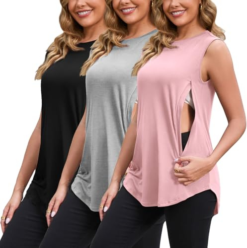 GINKANA Women 3-Pack Sleeveless Breastfeeding Shirt Hidden Zippers Pumping Tank Crewneck Loose Hem Flowy Nursing Blouse,Black/Grey/Peachy Pink,M