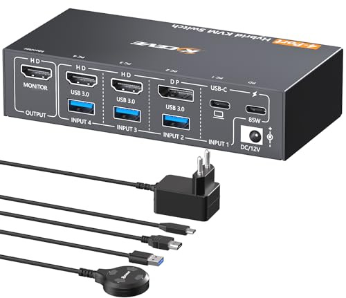 YOUTINGHDAV KVM-switch 4 PC 1 bildskärm HDMI USB-C DP, 4K@60Hz EDID USB3.0 KVM-switch 4 portar för 4 datorer som delar mus, tangentbord, nätaggregat och trådbunden fjärrkontroll (4K USB C HDMI DP 4 in
