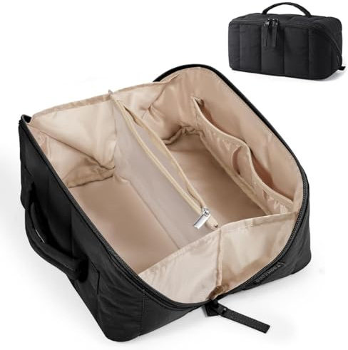 Flat Lay Make Up Case with Dual Zipper, Travel Makeup Bag Wide Opening | Cosmetic Organiser with Clear Brush Pocket & Wet Compartment, Portable Toiletry Bag for Women, Black