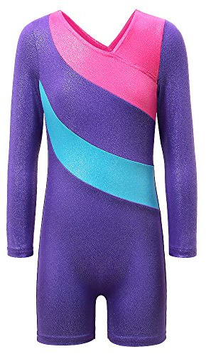 BAOHULU Toddlers Girls Gymnastics Dance Leotards-One-piece Sparkle Stripes & Stiching Athletic Clothes Purplelongsleeve 140(8-9Y)