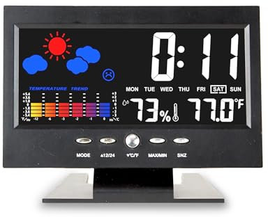 Station Météo Color avec Écran LCD Couleur – Température & Humidité Mini/Maxi – Horloge, Date, Réveil Snooze – Alimentation USB ou Piles – Tendances 12h – Contrôle Sonore – Compacte 14×10×2 cm