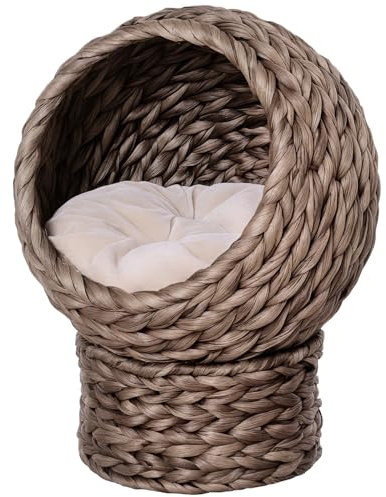 PawHut Wicker Cat House, Raised Cat Bed with Cylindrical Base, Soft Washable Cushion, Woven Water Hyacinth Cat Basket for Indoor and Outdoor, 42 x 33 x 52 cm - Dark Brown