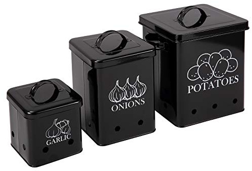 Potato Onion Kitchen Storage Canisters Jars Pots Containers 3 Pack Set - Potatoe, Garlic Bin Caddy, Long Shelf Life With Aerating Tin Storage Holes-Black