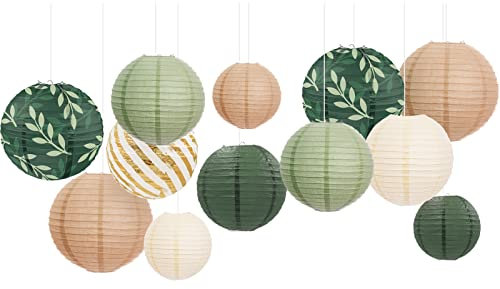 AOBKIAT Party Decorations Paper Lanterns Set, 12Pcs Green Brown Hanging Paper Lantern for Green Boho Wedding Party, Birthday, Bridal Showers