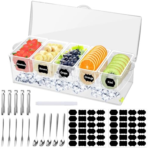 5 Compartment Condiment Server, Ice Chilled Condiment Containers with Hinged Lid Chilled Caddy with 5 Removable Dishes and 15 Pieces Stainless Steel Serving Tongs Serving Spoons Fruit Forks