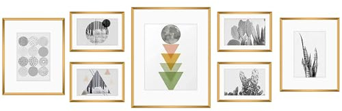 Golden State Art, Aluminum Gallery Wall Frame Set of 7 - Includes One 11x14, Two 8x10, and Four 5x7 - Metal Frames with Mat & Real Glass Cover for Elegant Home or Office Decor (Style 2, Bronze)