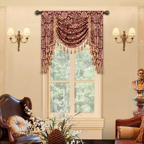 TOPLUXE Swag Volant Vorhang für Schlafzimmer Esszimmer Wohnzimmer Küche, Damast Kurzstore Waterfall Volant-Vorhang für Fenster 1 Stück (100cm, Rot)