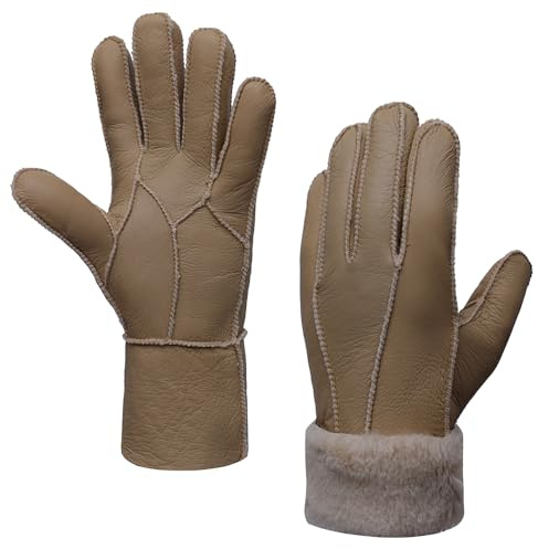 MGGMOKAY Donna Guanti in pelle,Pecora Shearling Caldo invernali Guanti,Marrone chiaro,S