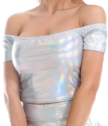 SamHeng Camisetas Metálicas Brillantes de Manga Corta con Hombros Descubiertos para Mujer Top Corto Sólido Cuello Redondo Blusa Tops Camiseta para Disfraz de Fiesta de Baile Discoteca(Plata/M)