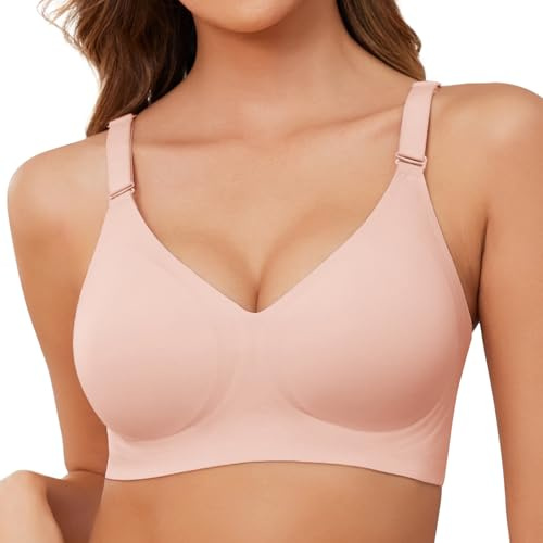 TOMEEK Reggiseno Senza Ferretto da Donna, Cuciture Comodo Reggiseno Scollo a V Bustino con Imbottitura Comfy Bralette Seamless Cinghie Regolabili Base Top Corsetto(Rosa,L)