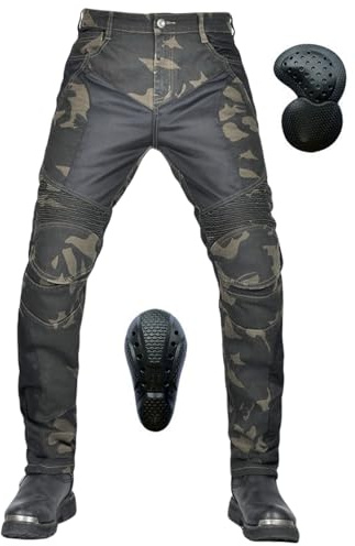 SHAIYOU Pantaloni Protettivi da Moto Jeans Mimetici da Uomo Traspiranti e Resistenti All'usura con 2 Paia di Protezioni Per Fianchi e Ginocchia Rimovibili (Green,XXL)