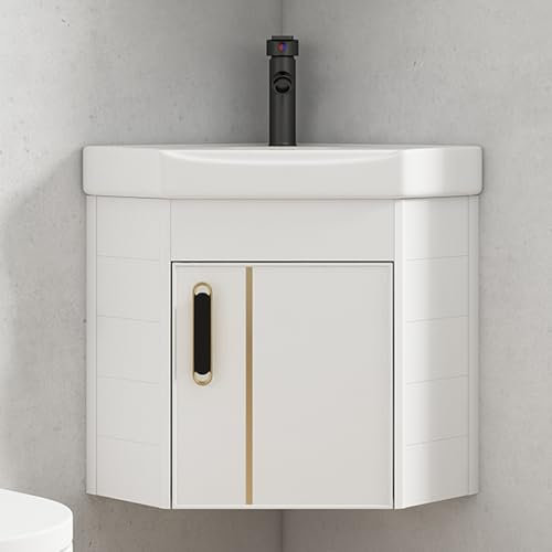 YUGXTH Lave Main d'angle, Meuble-lavabo d'angle en Céramique, Meuble de Salle de Bain d'angle Mural, Lavabo Salle avec Conteneur de Rangement, pour Balcon, Chambre d'amis, Petite Pièce(43cm/16.9in)