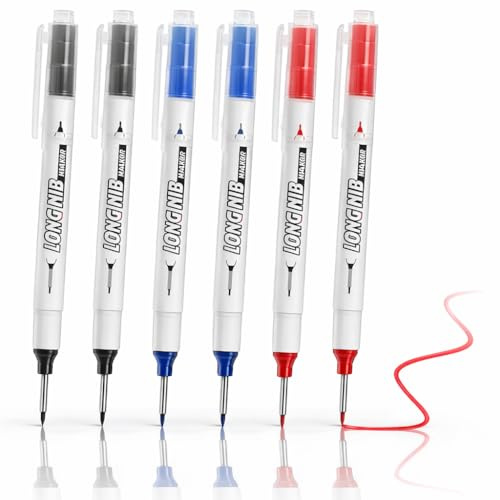 SICAILU 6 Pcs Long Nib Marker Pen, 20mm Long Head Deep Hole Marker Pen, Double-Headed Carpenters Pens, Marker Tool for Permanent Marking of Hard to Reach Areas (Black Blue Red)