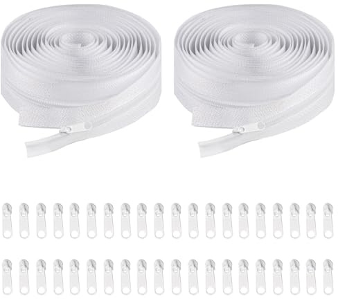 2 Pcs Cremallera Continua con Cursor, Cremallera de Metallo Infinito, Larga 10m Ancha 2.5cm, Ideal para Ropa de Cama, Ropa, Bolsos, + 40 Topes