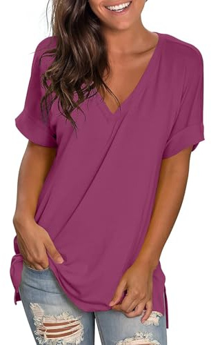 2025 T Shirt Long Femme Grandes Tailles Classique Coupe Ample,T-Shirt Femme À Manches Courtes Col en v Tops D'Été,Tee Shirts De Sport Femmes Casual Tops Tunique Elégante Couleur Solide Été