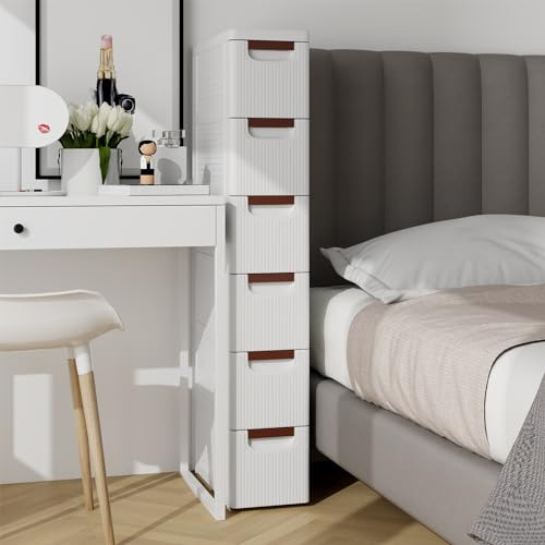 GIANTEX Cajonera Estrecha con Ruedas con 6 Cajones, Mueble de Almacenamiento de Plástico para Espacios Pequeños, Organizador para Baño, Dormitorio, Salón (42 x 19 x 109 cm)