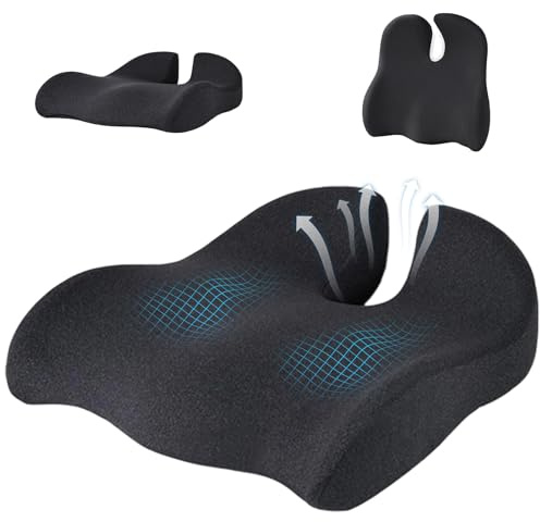 Coccyx Cushion for Tailbone Sciatica Relief, Memory Foam Seat Cushions Office Chair Cushion for Long Sitting and Pressure Relief Ergonomic Support Cushion for Home Office Car and Wheelchair, Black