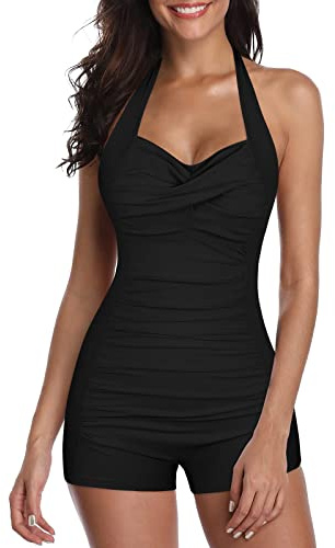 Women's One Piece Swimming Costume Tummy Control Swimming Suits with Removable Foam Cups Halter Neck Ruched Sports Swimsuits